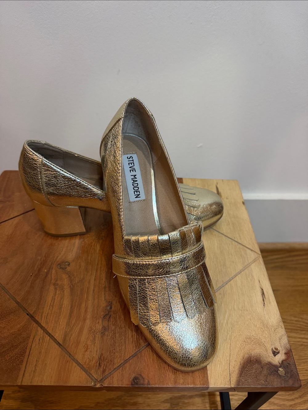 Steve Madden Metallic Gold Fringe Loafers w/ Chunky Heel, 6 1/2